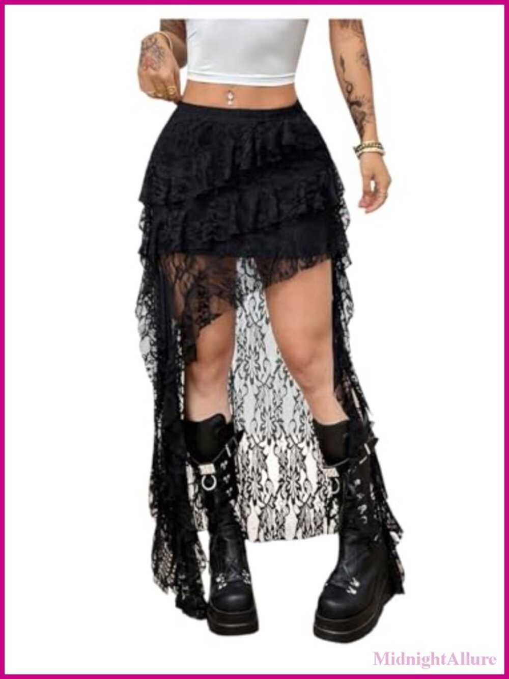 Lace Trimmed Ruffle Boho Maxi Skirt Flowy Tiered Western Cowgirl